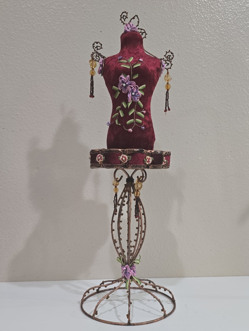 Embroidered Velvet Jewelry Display Stand in Burgundy